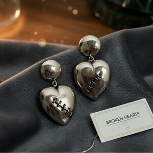 Edgy Statement Silver Broken Heart Stitched Drop Earrings
